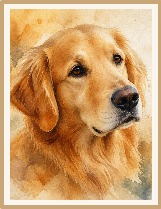 Fine art watercolor portrait of Barnaby, a golden retriever