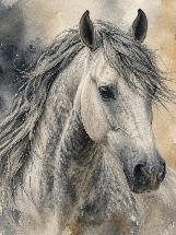 Fine art watercolor portrait of Bella, a white horse