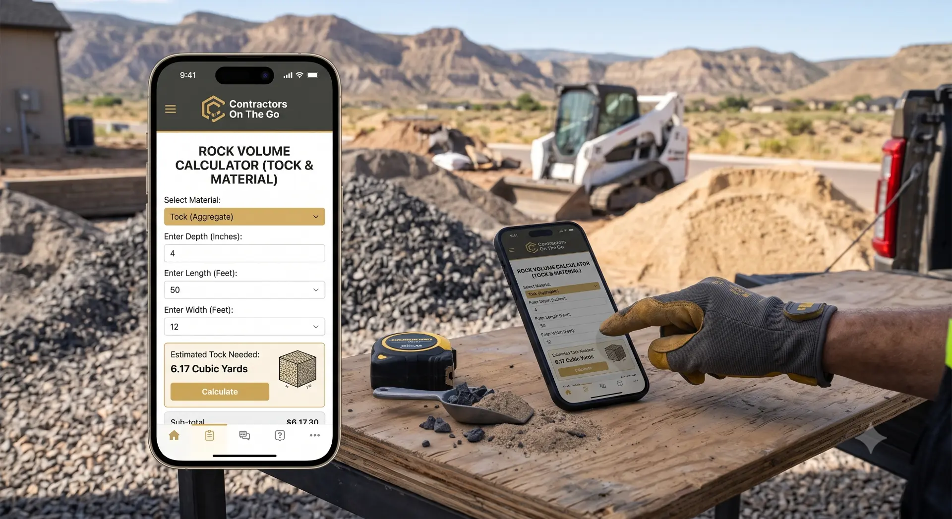 Contractors On The Go job-site material calculator open on a phone at a Grand Valley work site