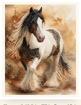 Fine art watercolor portrait of Clover, a black and white horse