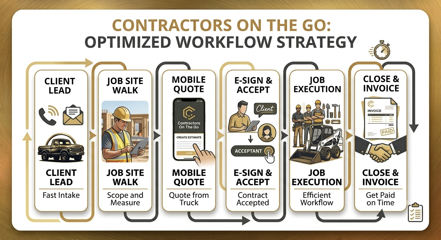 Contractors On The Go workflow: client lead, job site walk, mobile quote, e-sign, job execution, close and invoice
