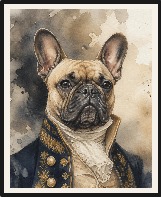 Fine art watercolor portrait of Winston, a French bulldog in a decorated coat