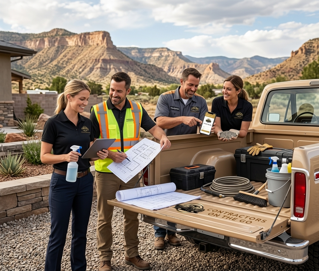 Grand Valley contractors reviewing a mobile quote at their truck tailgate with the Bookcliffs behind them
