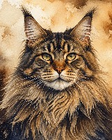 Fine art watercolor portrait of Atticus, a long-haired tabby cat