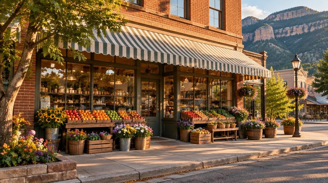Illustrative local storefront and produce market