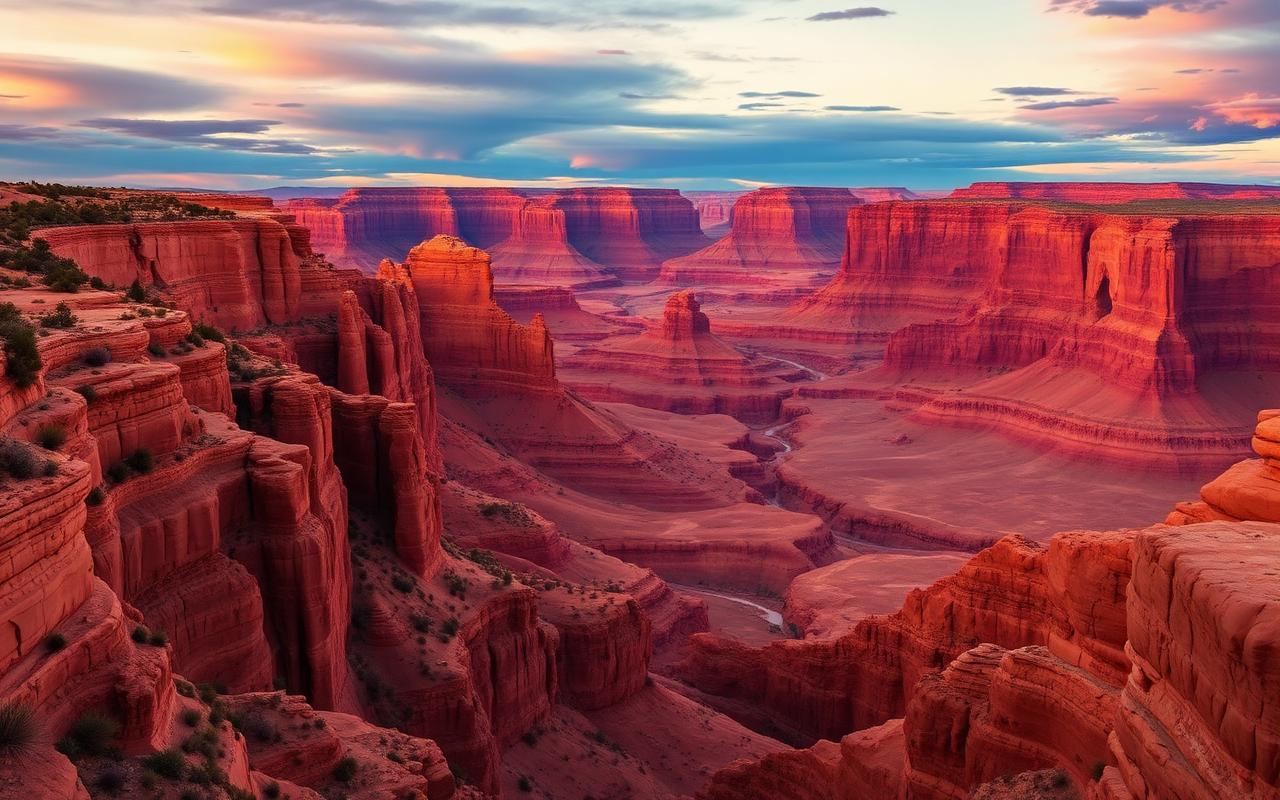 Sweeping red rock canyons of Colorado National Monument at sunset