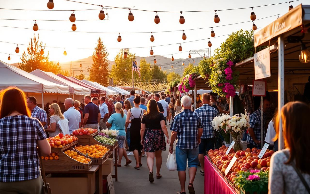 Vibrant outdoor farmers market crowd under string lights in Palisade