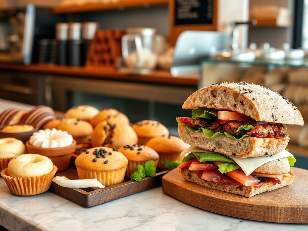 Spoons Bistro & Bakery — Gluten-free pastries and a fresh sandwich on a bakery counter