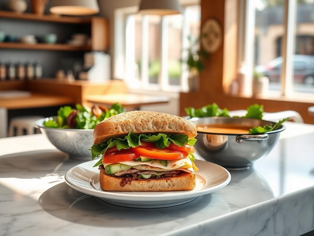 Cafe Sol — Cafe counter with a gluten-free panini, salad and soup