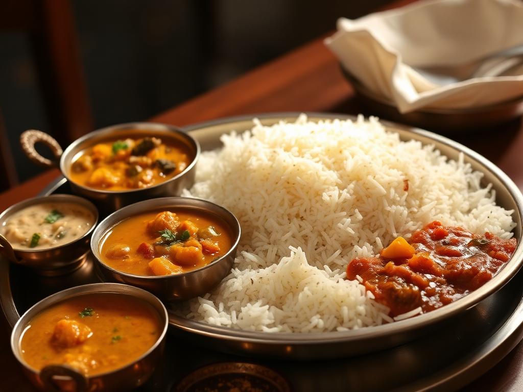 Namaste Nepal Restaurant — Nepalese curry thali with basmati rice and lentil dal