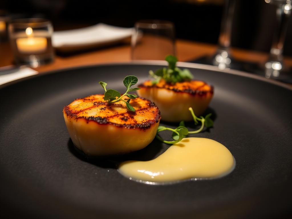 Bin 707 Foodbar — Fine dining plate with seared scallops and microgreens