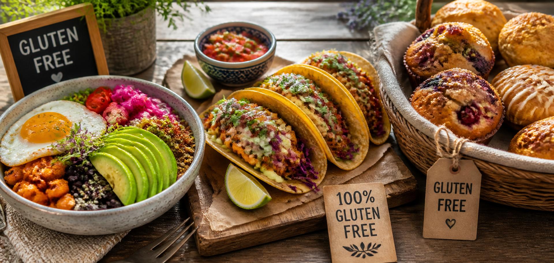 Gluten-free breakfast bowl, corn tortilla tacos and fresh baked goods on a rustic table