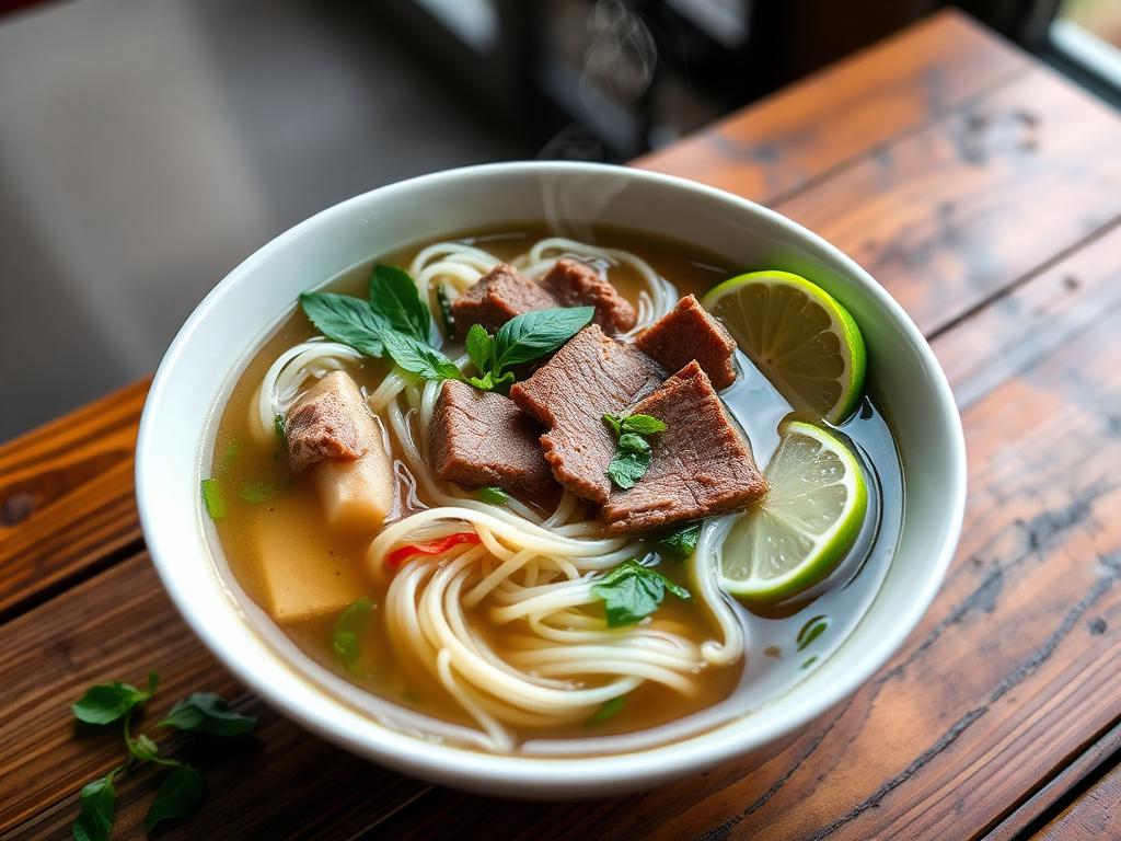 Pho 88 — Steaming bowl of pho with rice noodles, beef and fresh herbs