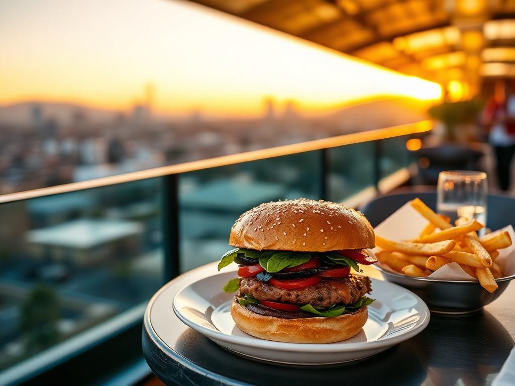 Devil's Kitchen — Rooftop dining plate with a gluten-free burger bun and fries