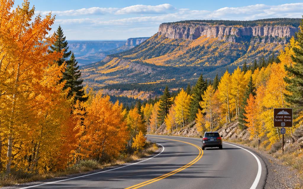 Car on the Grand Mesa Scenic Byway through fall color
