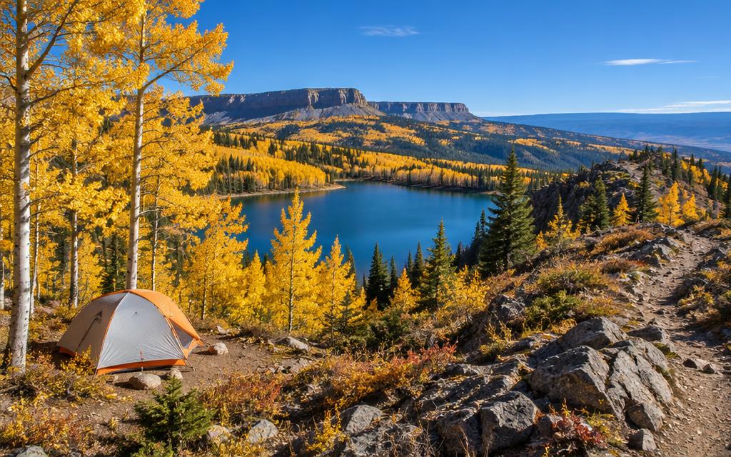 Golden aspens and a campsite above a Grand Mesa lake
