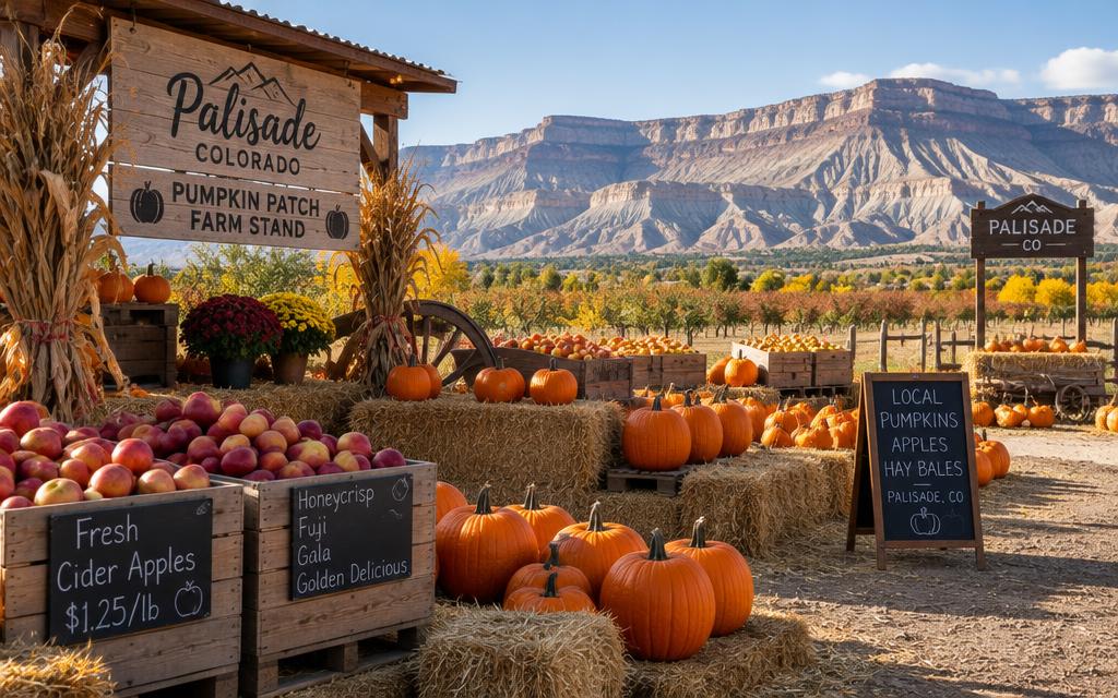 Palisade pumpkin patch farm stand with apples and hay bales
