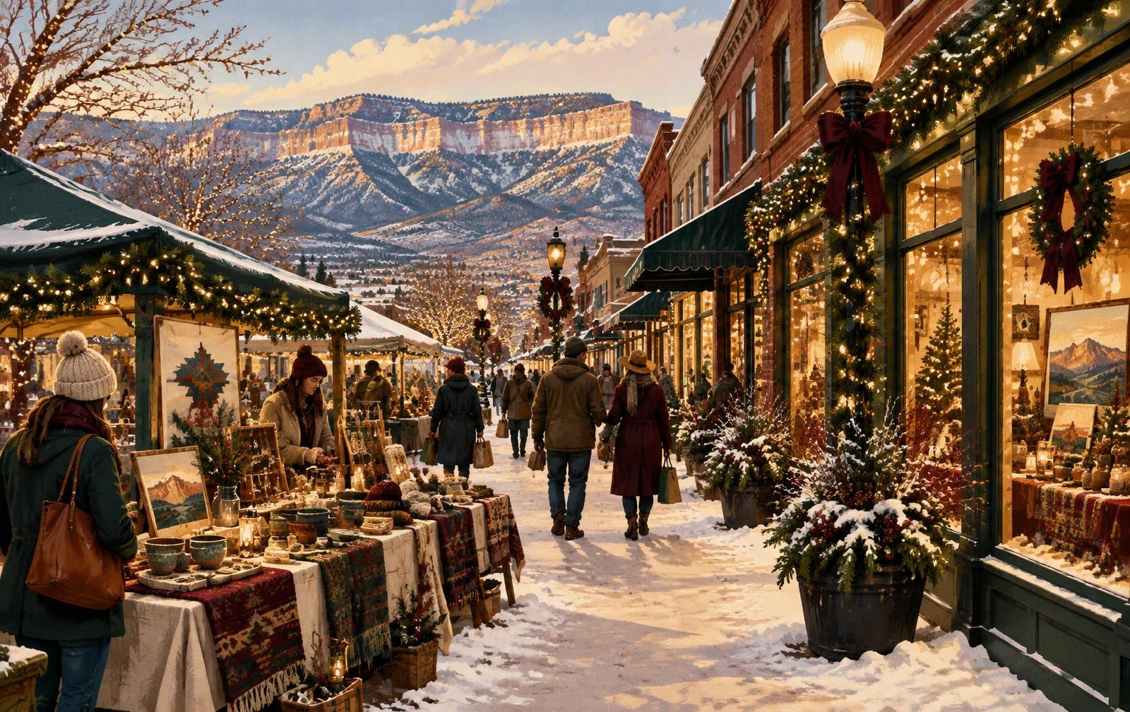 Western Slope holiday shopping market with lit storefronts and snowy Book Cliffs