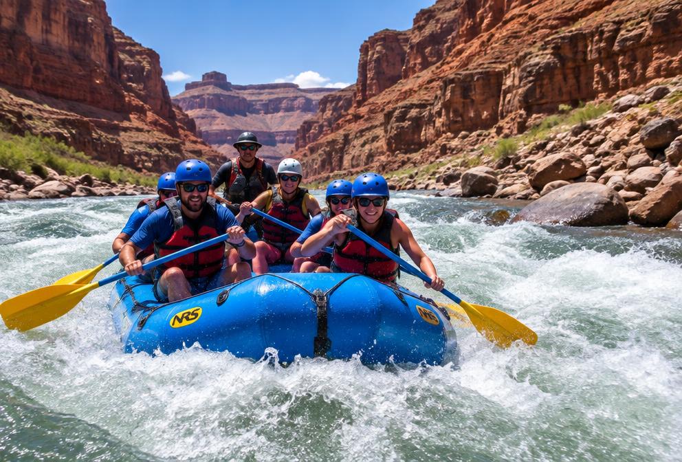 Rafting the Colorado River through red canyon