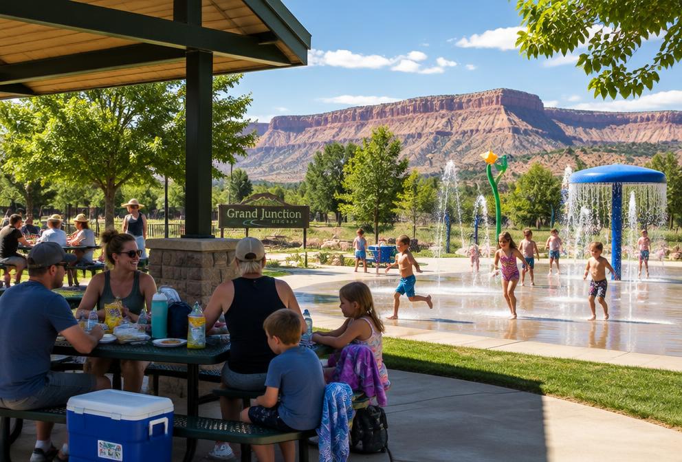 Families at a park pavilion and splash pad