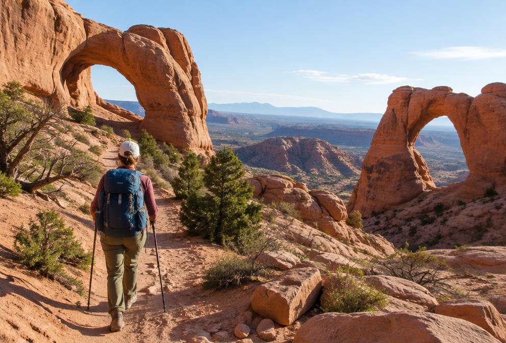 Hiker among red sandstone arches
