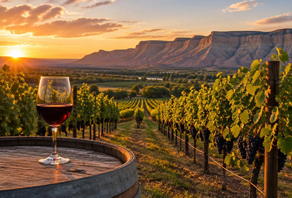 Palisade vineyard and red wine at sunset