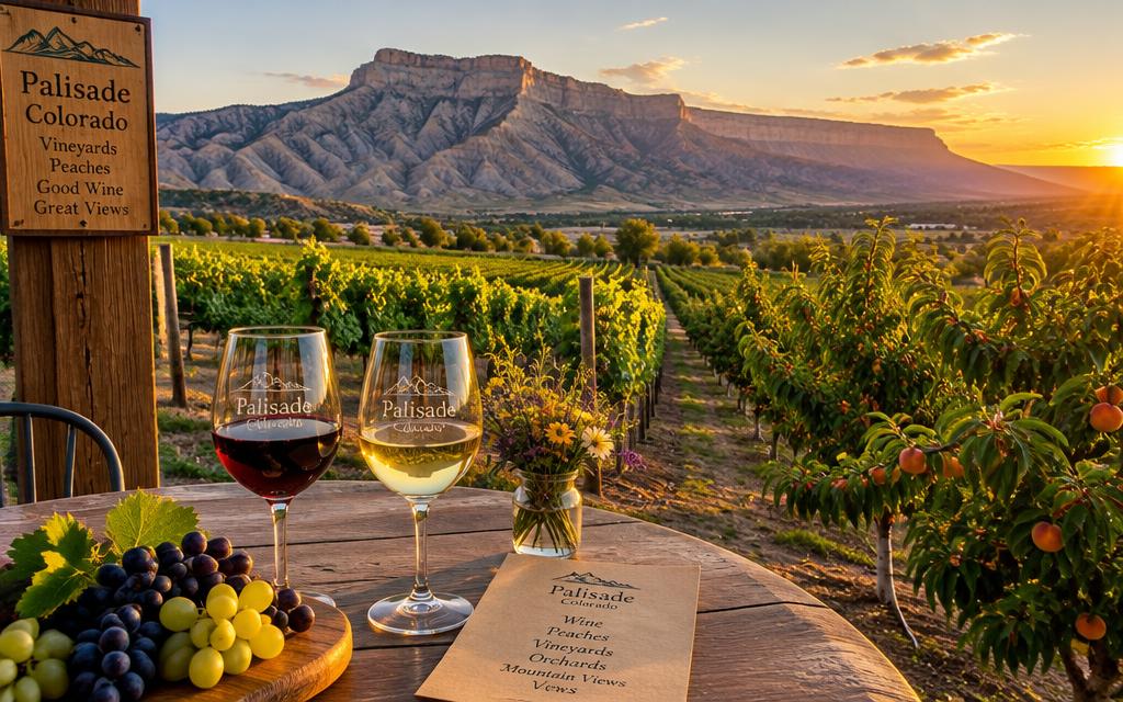 Palisade vineyard and peach orchard with wine glasses