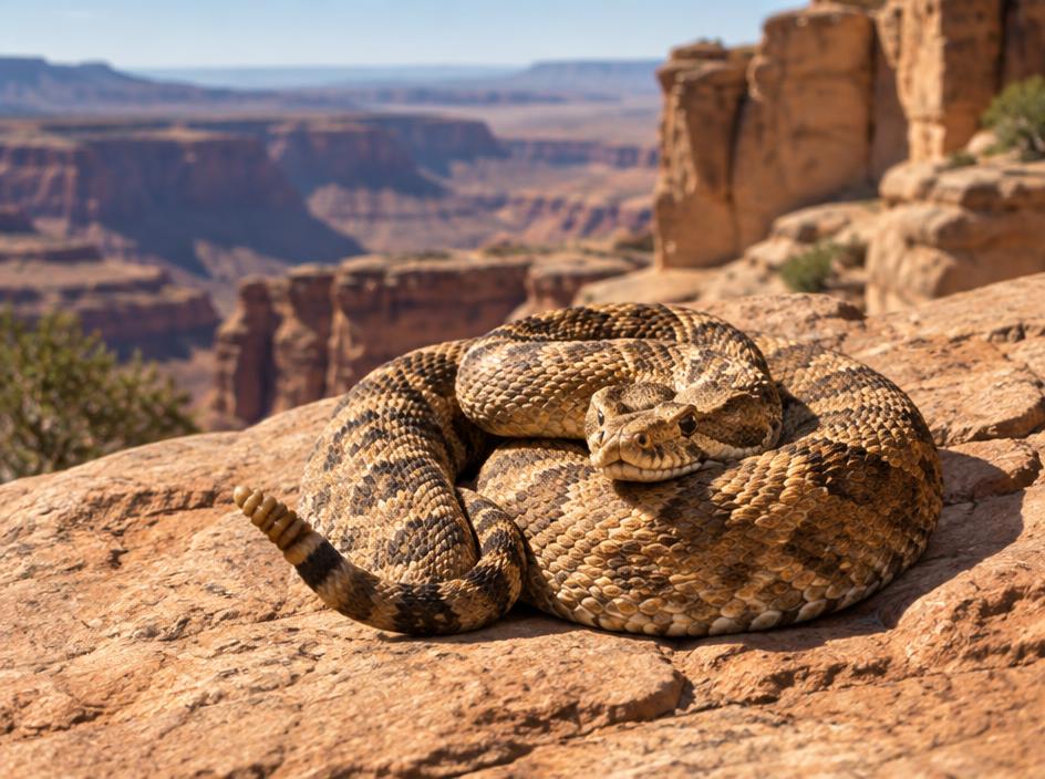 Prairie rattlesnake coiled on a slickrock ledge