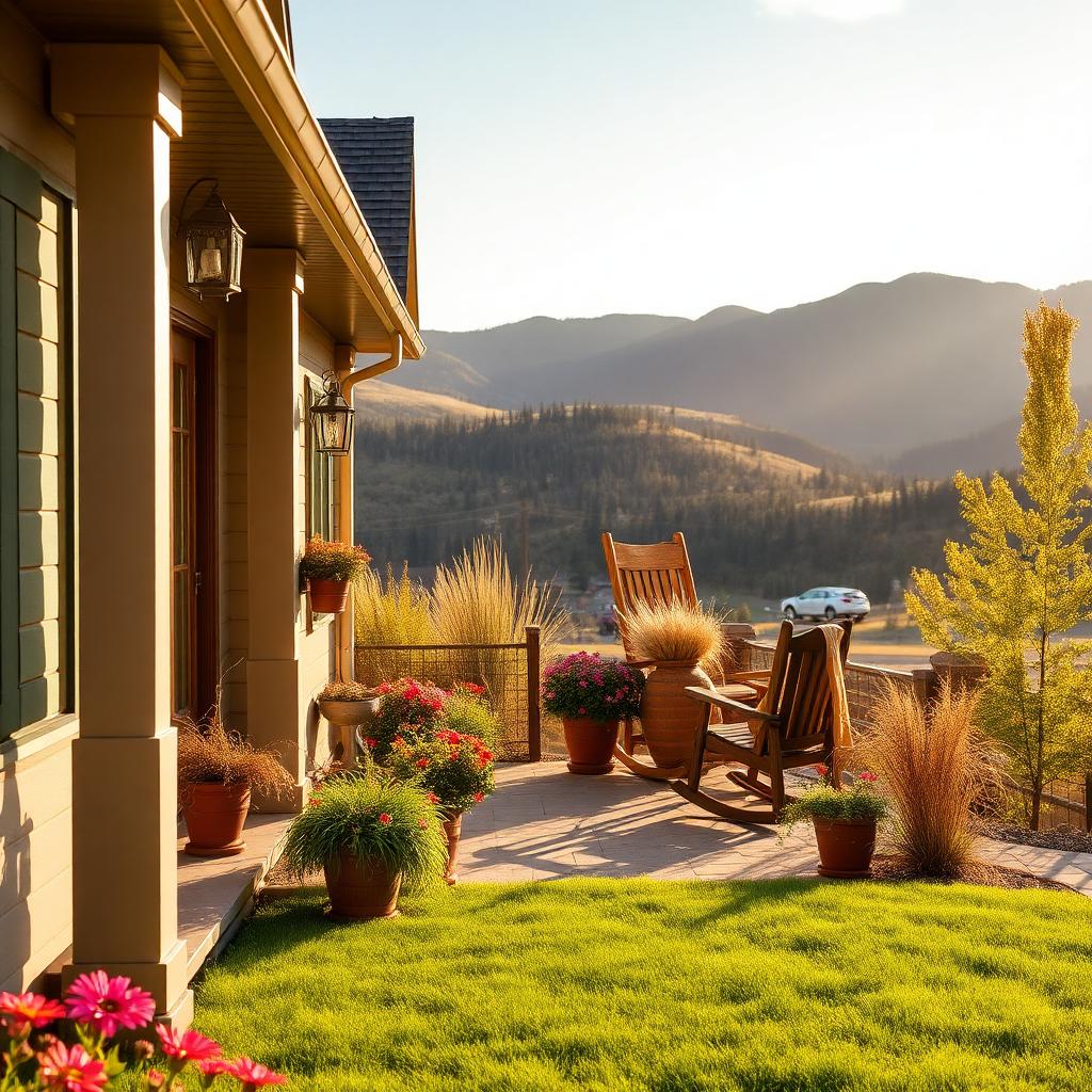 Welcoming western slope home porch with mountain valley backdrop